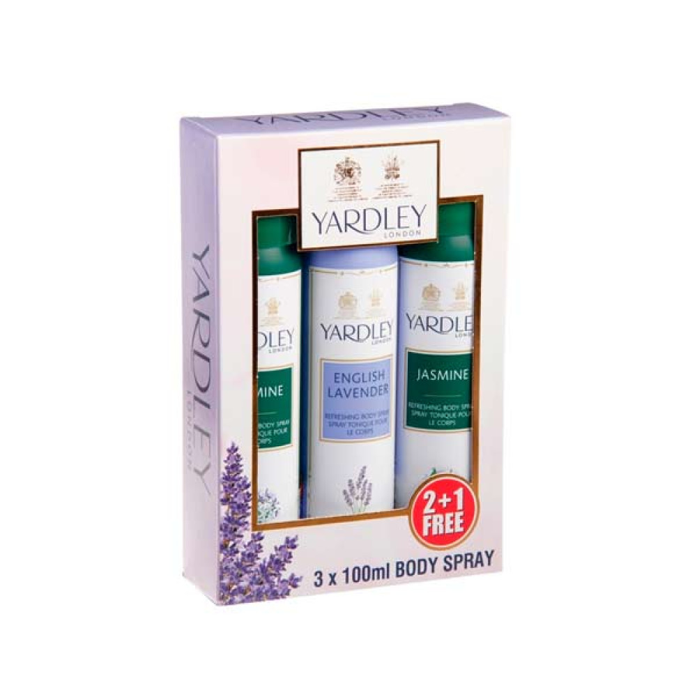 YARDLEY BODY SPRAY ASSORTED 150ML 2 + 1 FREE 